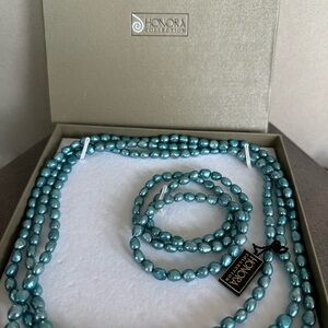 Honora Teal Pearl Necklace and Bracelet Set